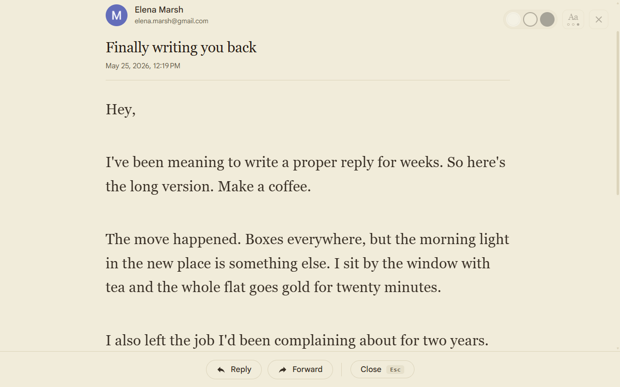 The same email opened in Reader mode - a clean, distraction-free reader view with large serif text on a sepia background, all Gmail chrome removed