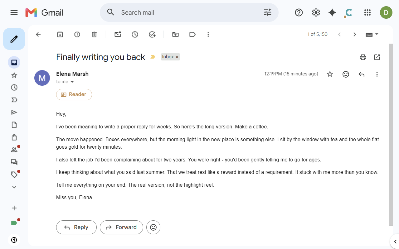 A long email shown in Gmail's normal view, with the sidebar, toolbars and compact sans-serif text, and a Reader button under the sender's name
