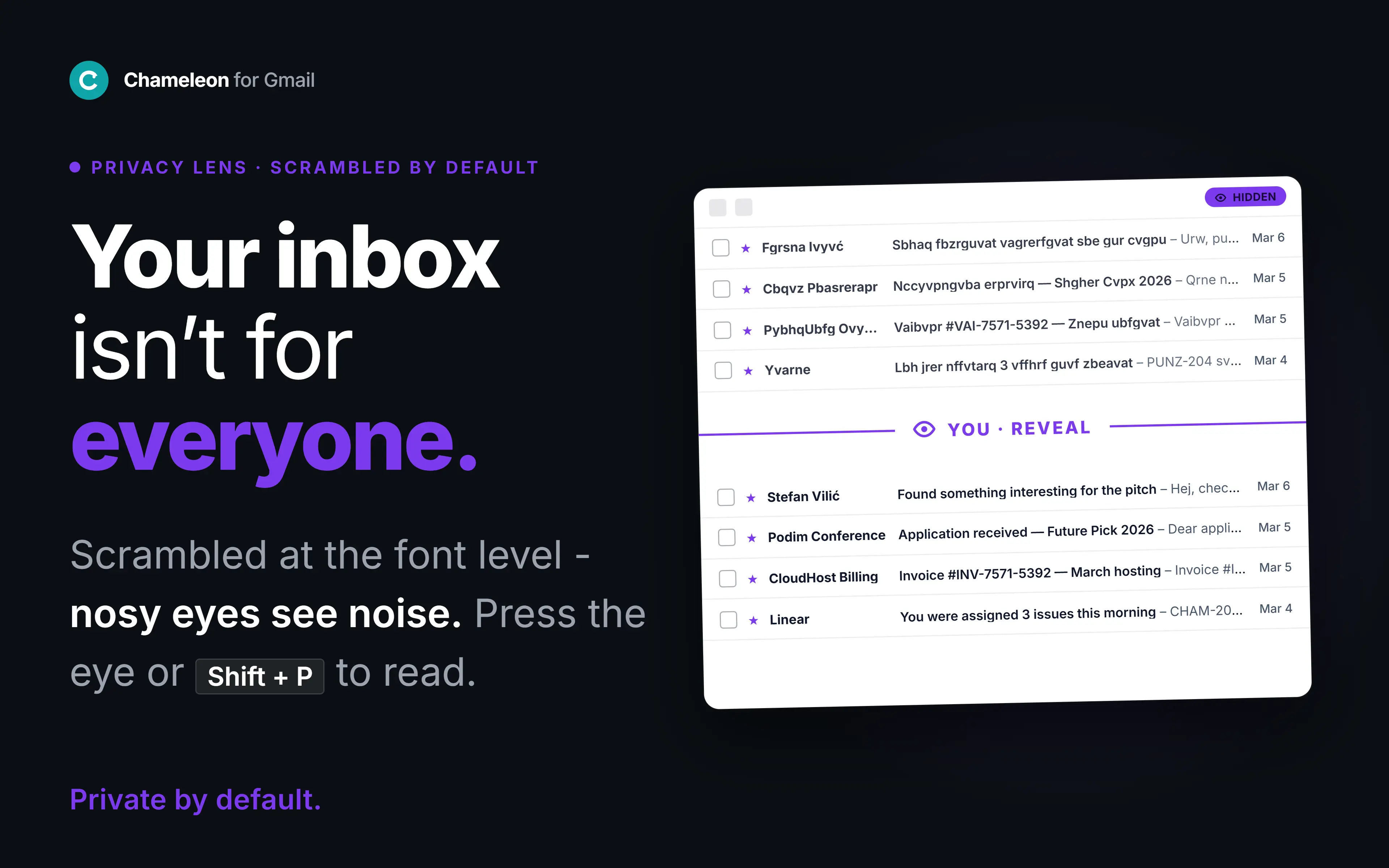 Privacy lens: a Gmail inbox with message text scrambled into unreadable glyphs
