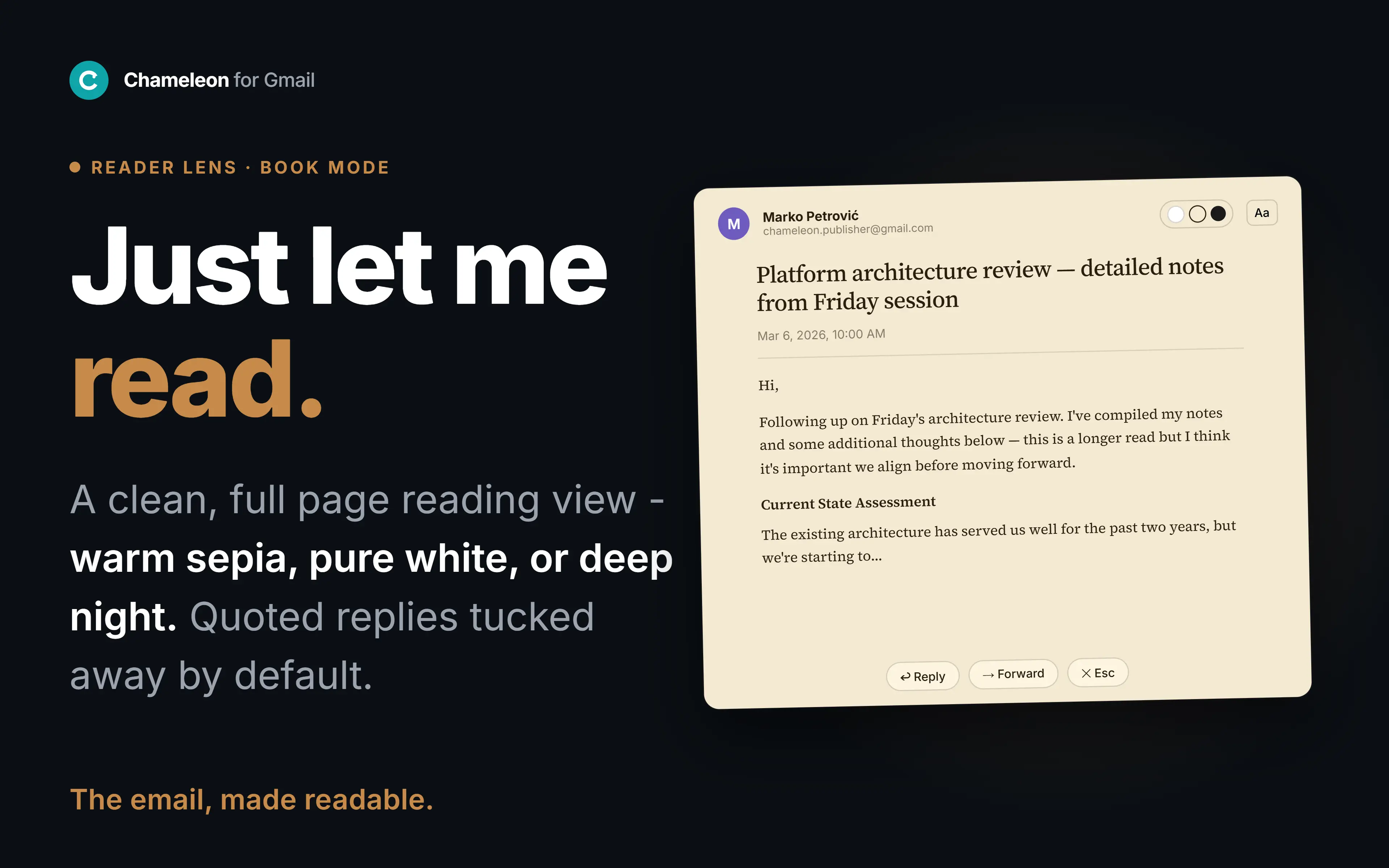 Reader lens: an email shown in a clean, full-screen reading view