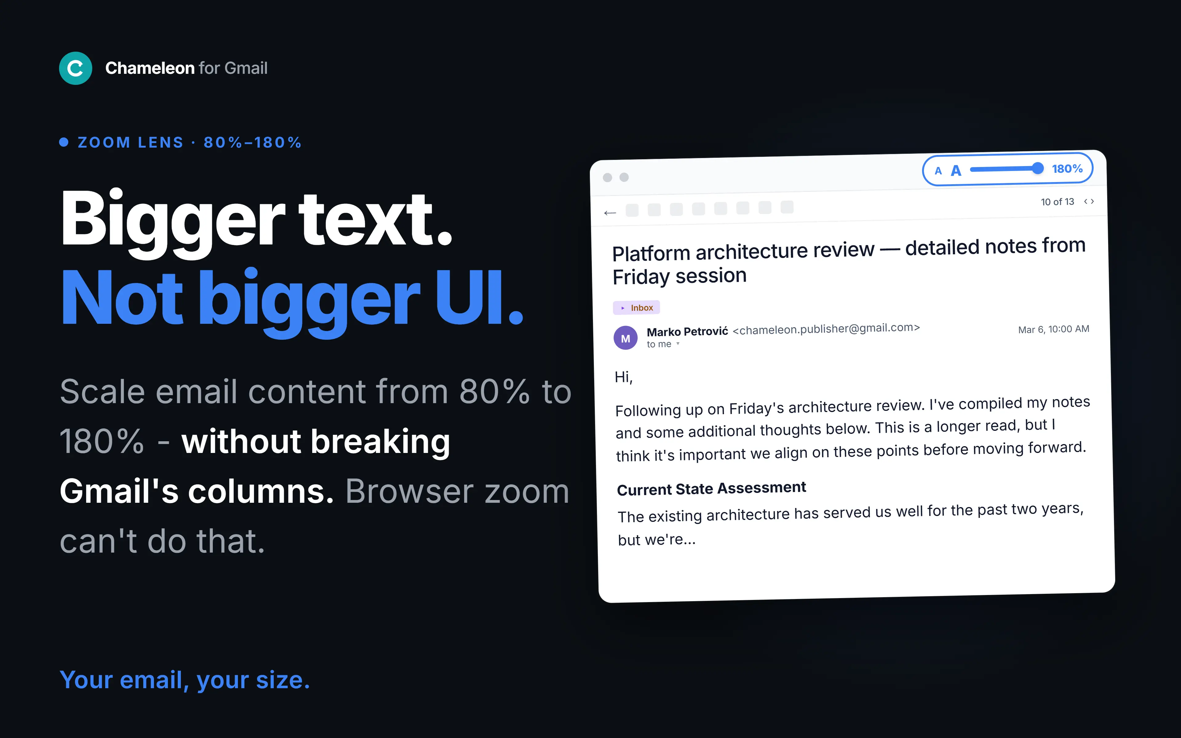 Zoom lens: Gmail email text enlarged without breaking the layout